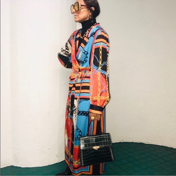 Zara Blogger Fav Chain Print Scarf Print Long Sleeve Midi Shirt Dress Orange - Picture 2 of 13